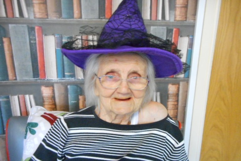 Resident with her witches hat