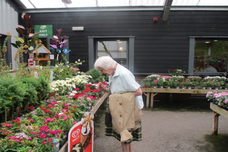 resident in the garden centre looking at flowers