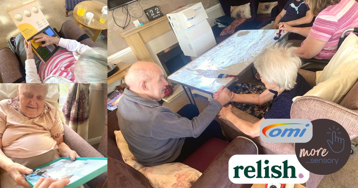 Residents using the sensory table and Relish products