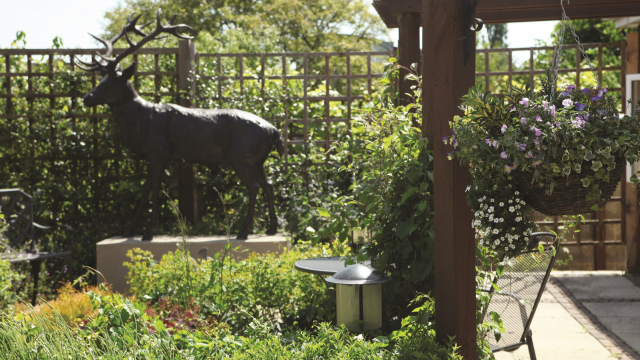 Highfield gardens with seating and Deer statue 