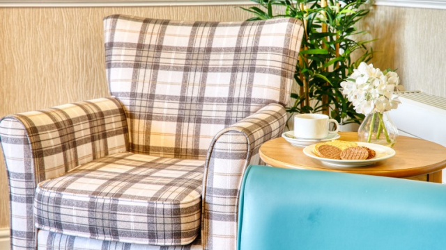 Chestnut Court chair and side table with tea and biscuits 