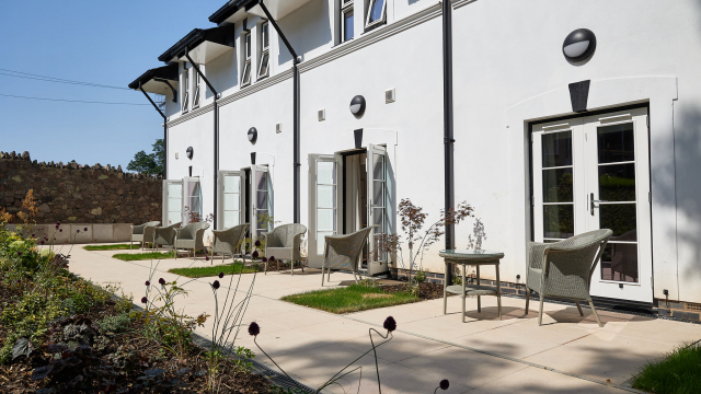 Outdoor patio at Windsor Court Care Home Malvern Worcestershire