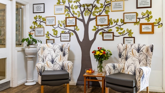 Woodland seating area with wall display 