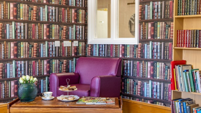 Mary Chapman Court seating area with bookcase 